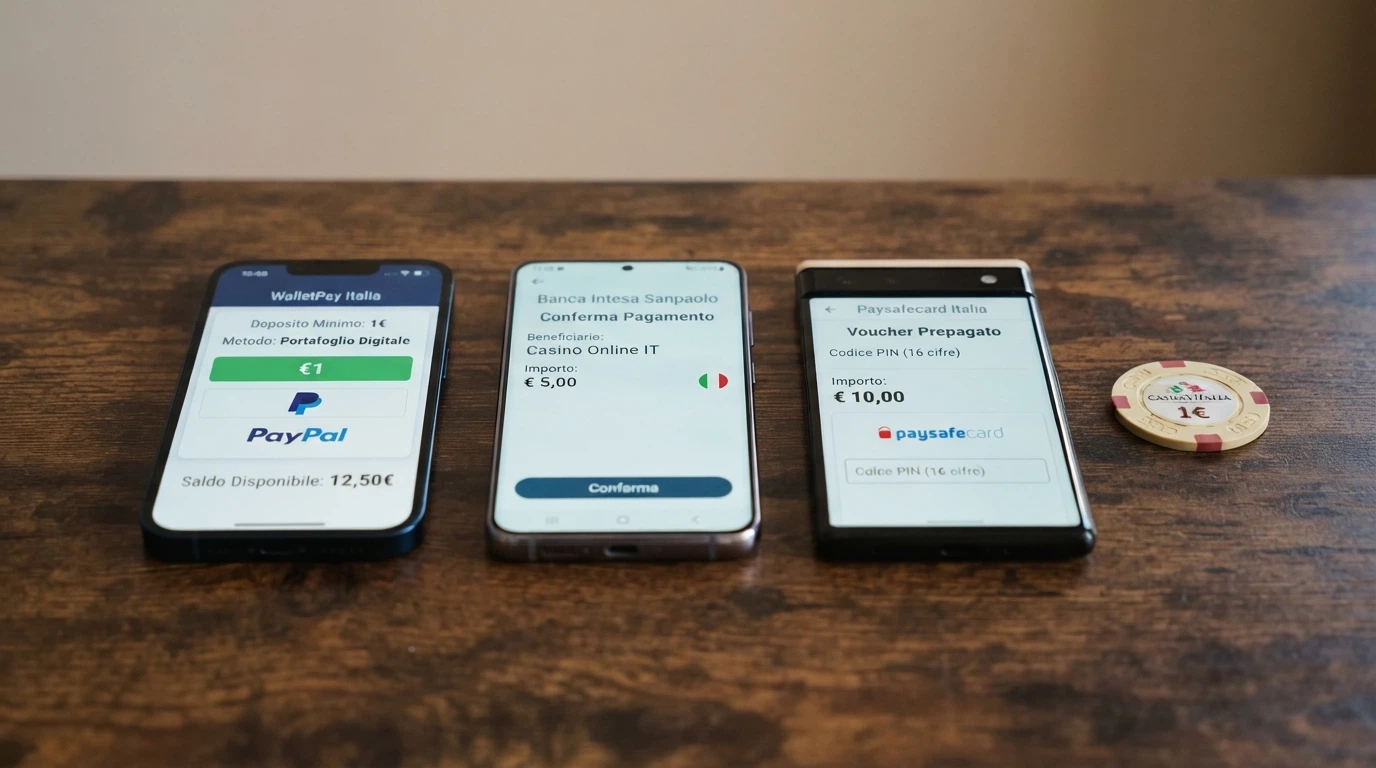 Una schermata di riepilogo dei metodi di pagamento di un casinò online italiano, con accanto a ciascuna opzione l'indicazione dell'importo minimo e degli eventuali costi di transazione.