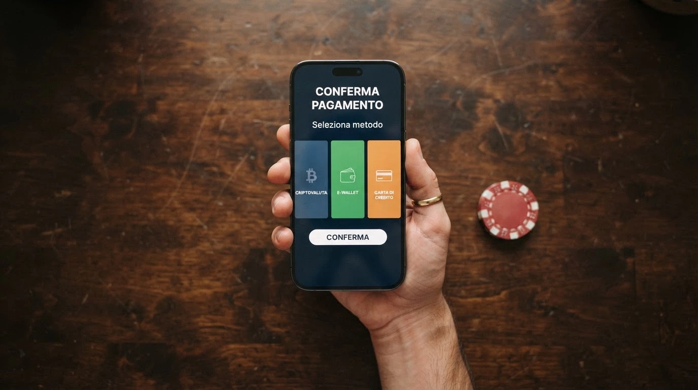 Un'infografica con i simboli dei metodi di pagamento (Bitcoin, Skrill, Visa, bonifico) affiancati da un cronometro e dall'indicazione dei tempi medi