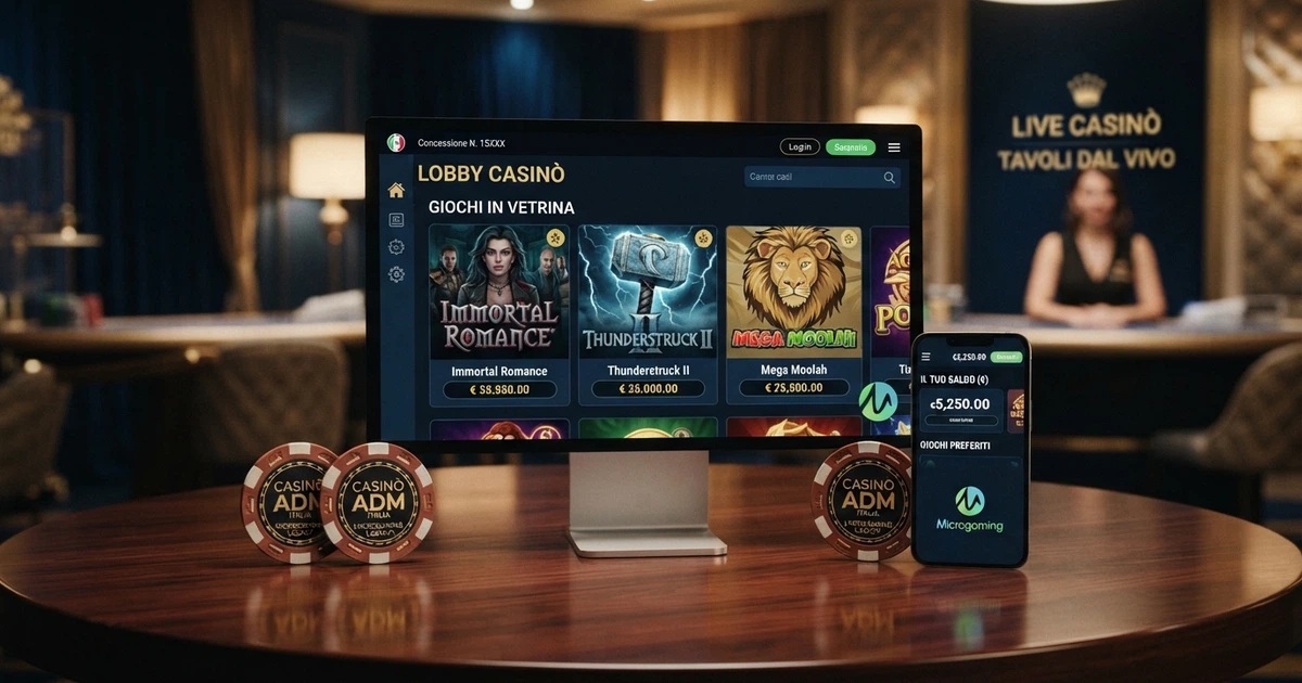 Logo di Microgaming e schermata di un casinò online con licenza ADM aperto sulla lobby dei giochi