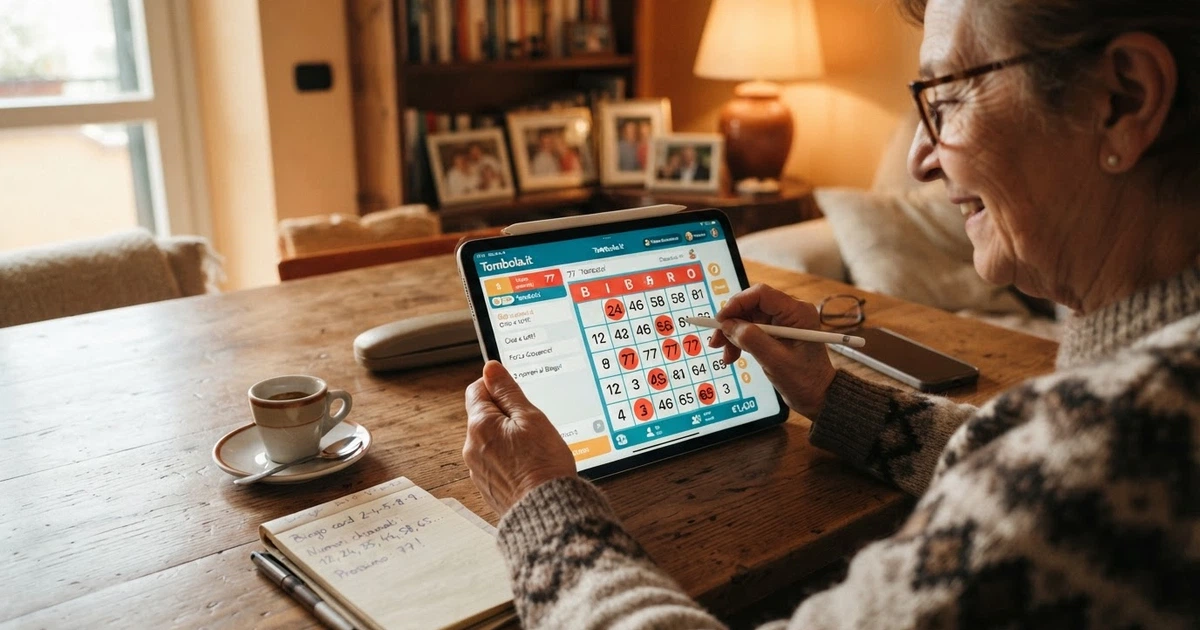 Una sala bingo online con interfaccia italiana, cartelle digitali aperte e numeri estratti in evidenza sullo schermo