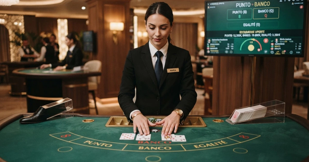 Tavolo da Punto Banco con croupier dal vivo in uniforme, carte da gioco disposte sul tavolo verde e interfaccia di puntata sullo schermo