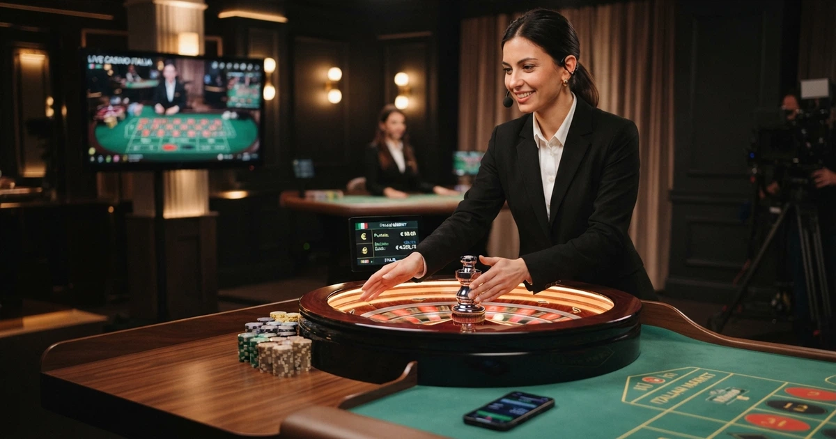 Croupier dal vivo in uniforme dietro un tavolo da roulette in uno studio professionale, con monitor multifunzione e ruota illuminata