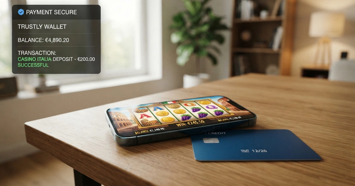 Una carta American Express appoggiata sulla tastiera di un laptop, con la schermata di un casinò online visibile sullo sfondo e l'interfaccia di un e-wallet in sovrimpressione