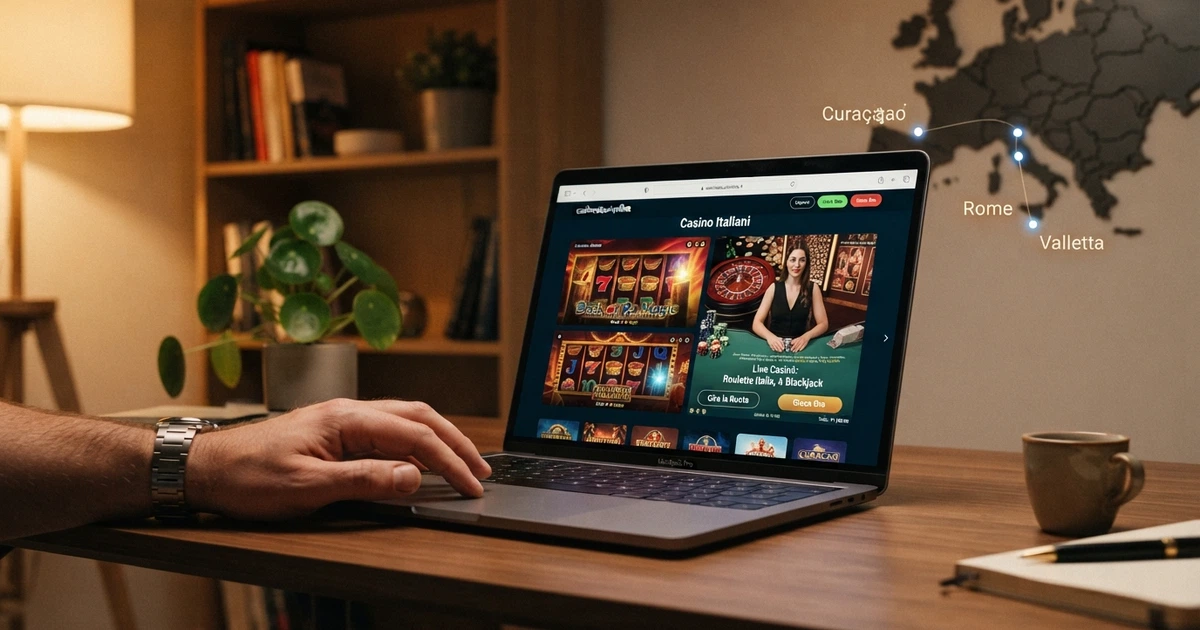 Un giocatore seduto davanti allo schermo di un computer con l'interfaccia di un casinò online visibile, affiancato da una mappa stilizzata dell'Europa con puntatori su Malta, Curaçao e Italia
