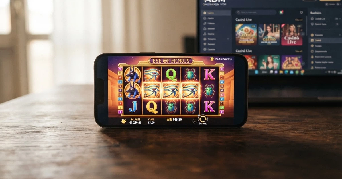 La schermata di una slot machine Merkur (Eye of Horus) aperta su un browser, con l'interfaccia di un casinò ADM visibile sullo sfondo e il logo della concessione in evidenza.