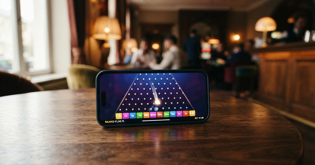 Una schermata di Plinko in esecuzione su un casinò online italiano con la piramide di pioli, la pallina in caduta e il pannello dei moltiplicatori visibili a fondo pagina