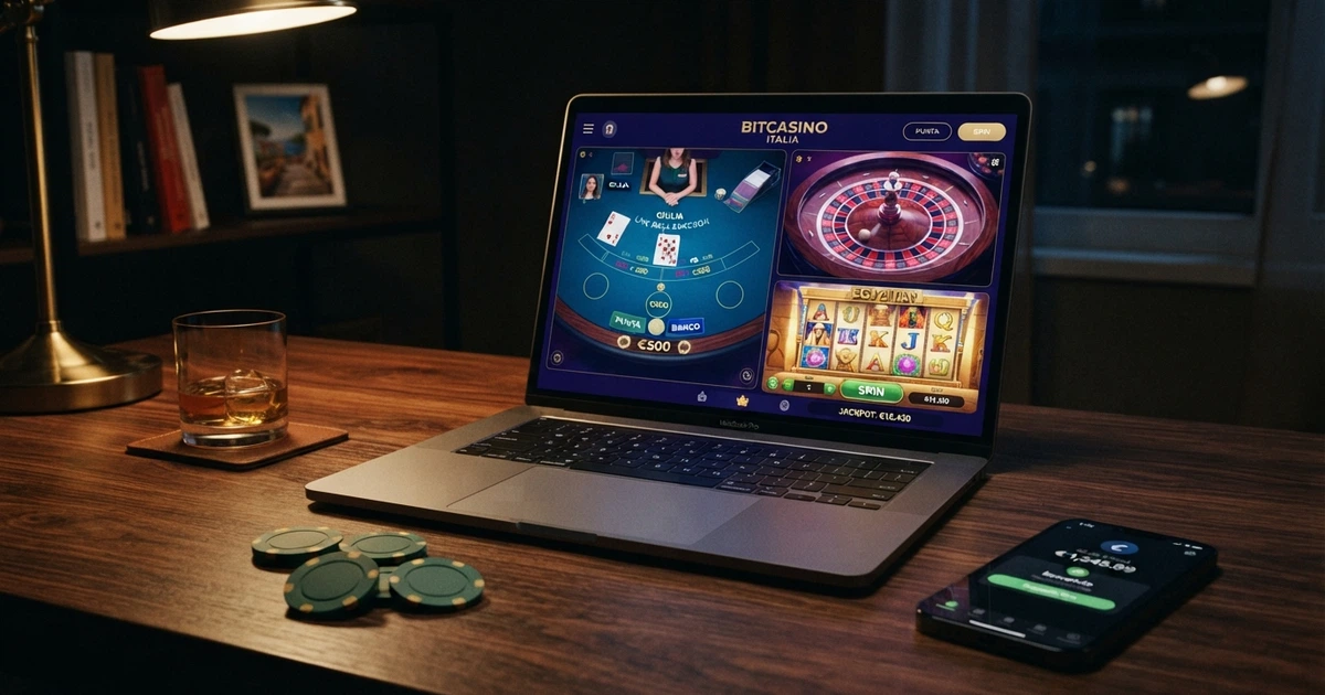 Interfaccia di un crypto casino con slot, tavoli da gioco e grafica in stile dark su schermo di un computer portatile, con icone di Bitcoin e criptovalute in evidenza