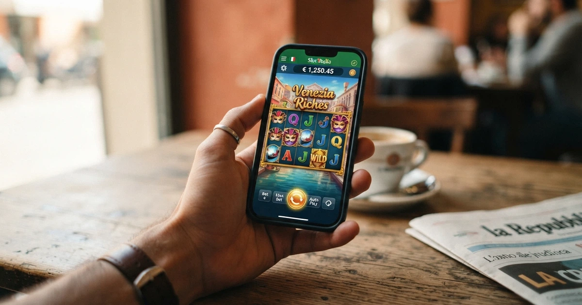 Uno smartphone in mano a un giocatore mostra l'interfaccia di un casinò mobile con slot colorate in primo piano, menu di navigazione laterale e saldo in euro visibile nell'angolo