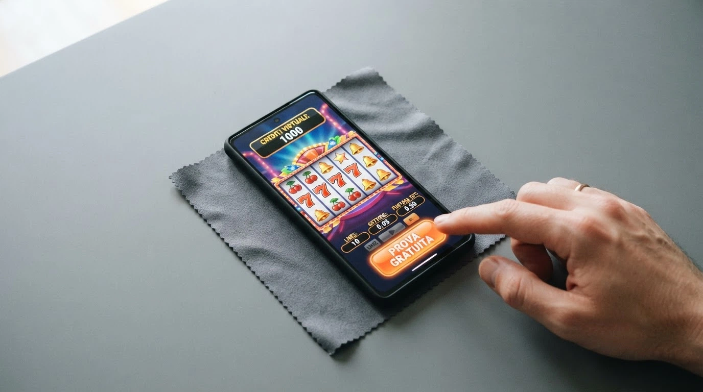 L'interfaccia di una slot machine in modalità demo con il contatore dei crediti virtuali in evidenza e il pulsante «prova gratuita», nessun campo di registrazione visibile