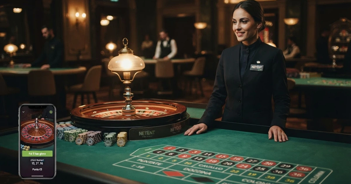 Un tavolo da roulette live con croupier in uniforme, lampada da tavolo verde con il logo NetEnt visibile sullo schermo, interfaccia di gioco in italiano con puntate e cronologia