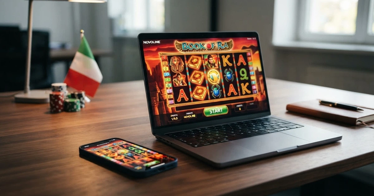 Interfaccia di una slot machine Novomatic con rulli colorati e simboli sullo schermo di un computer portatile affiancato da uno smartphone