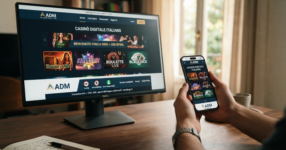La homepage di un casinò online con licenza ADM aperta su desktop e smartphone, con il logo dell'Agenzia delle Dogane e dei Monopoli in evidenza