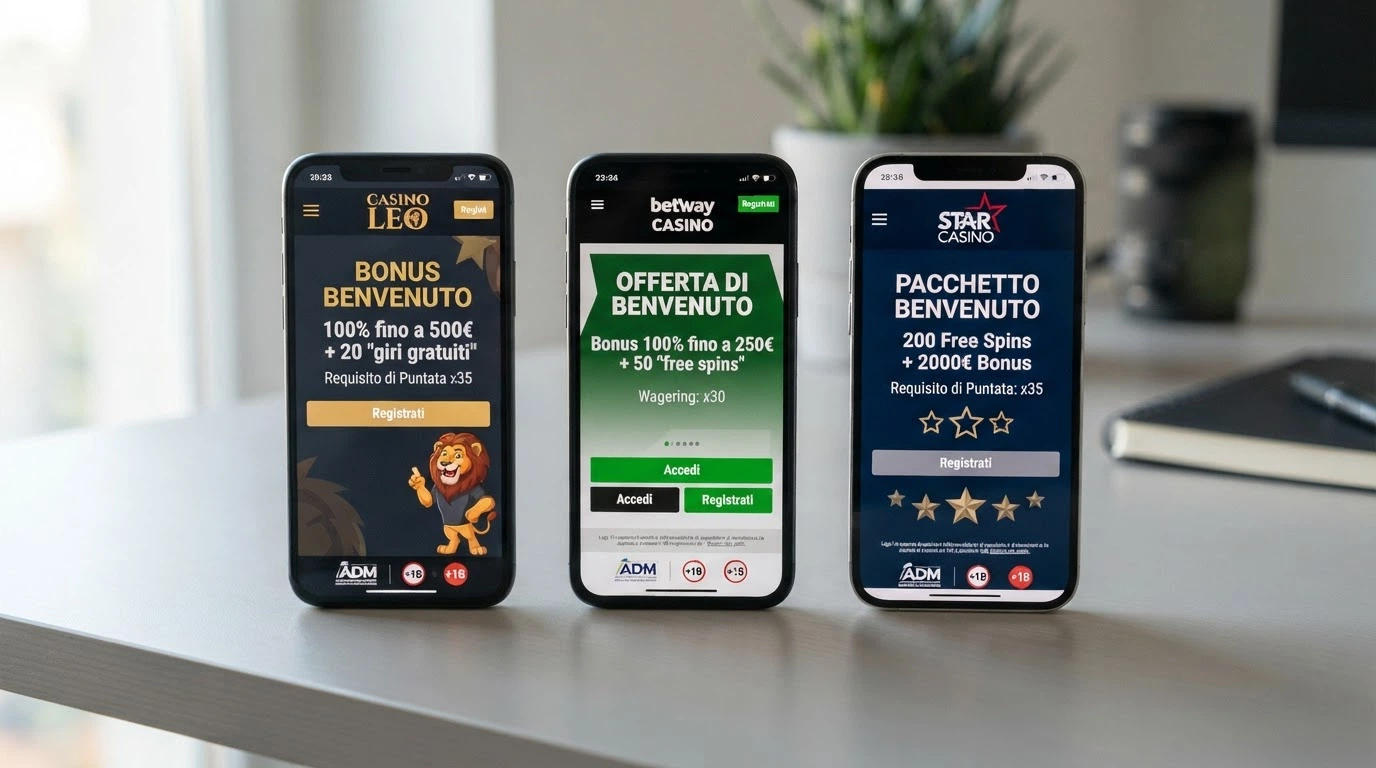 Tre schede affiancate di casinò online ADM con i rispettivi bonus di benvenuto, il numero di giri gratuiti e il requisito di puntata in evidenza.