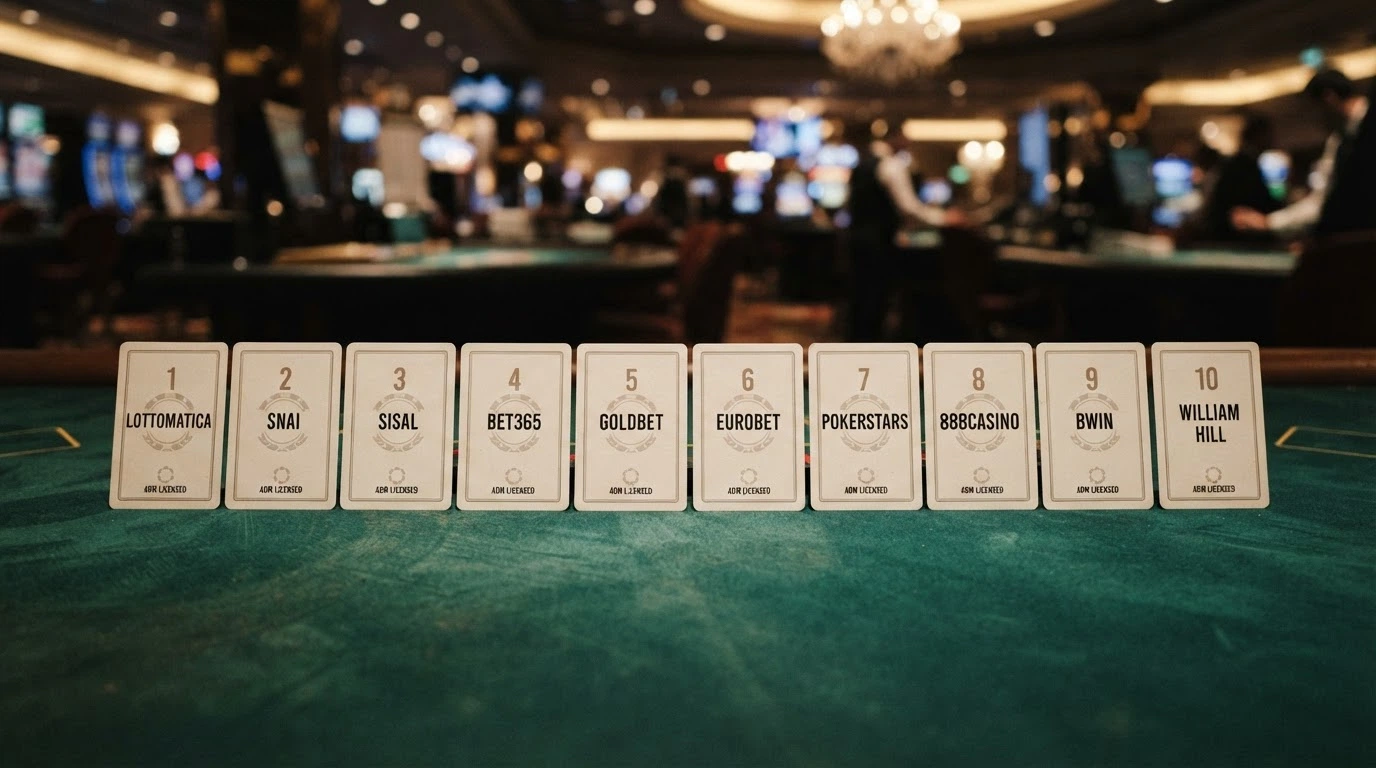 Una fila di 10 carte da gioco ciascuna con il logo di uno dei casinò recensiti, disposte su uno sfondo che richiama il tavolo verde di un casinò