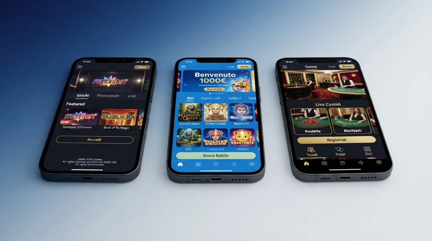 Schermata comparativa delle sezioni demo di diversi casinò online italiani con licenza ADM