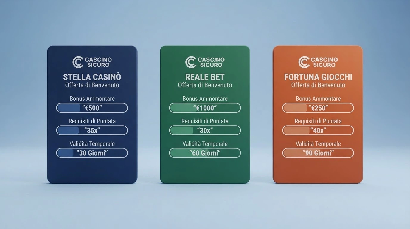 Una schermata di confronto affiancato tra le schede di tre casinò, con i dati di bonus, wagering e validità in evidenza su ogni scheda.