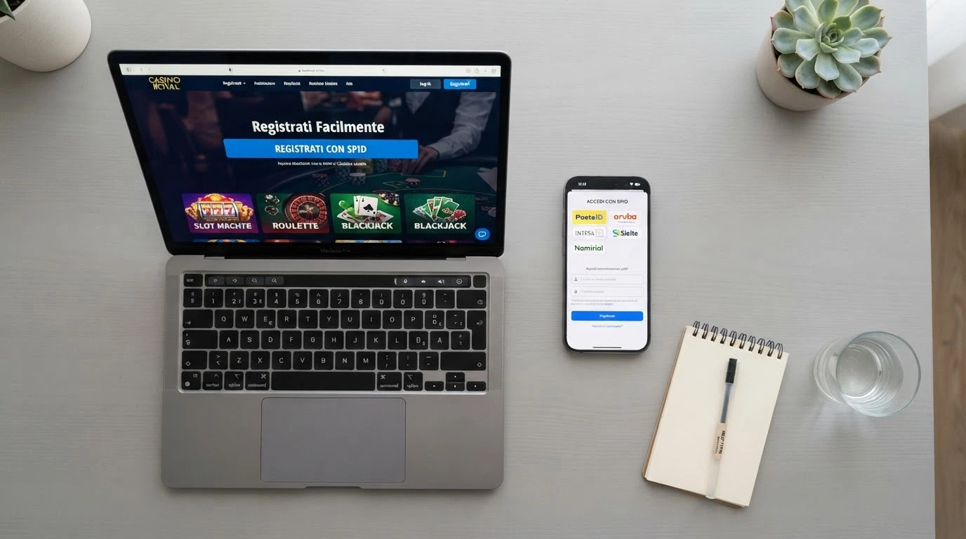 Una sequenza semplificata dei cinque passaggi della registrazione con SPID su un casinò ADM, dal pulsante «Registrati con SPID» alla schermata di conferma dell'account