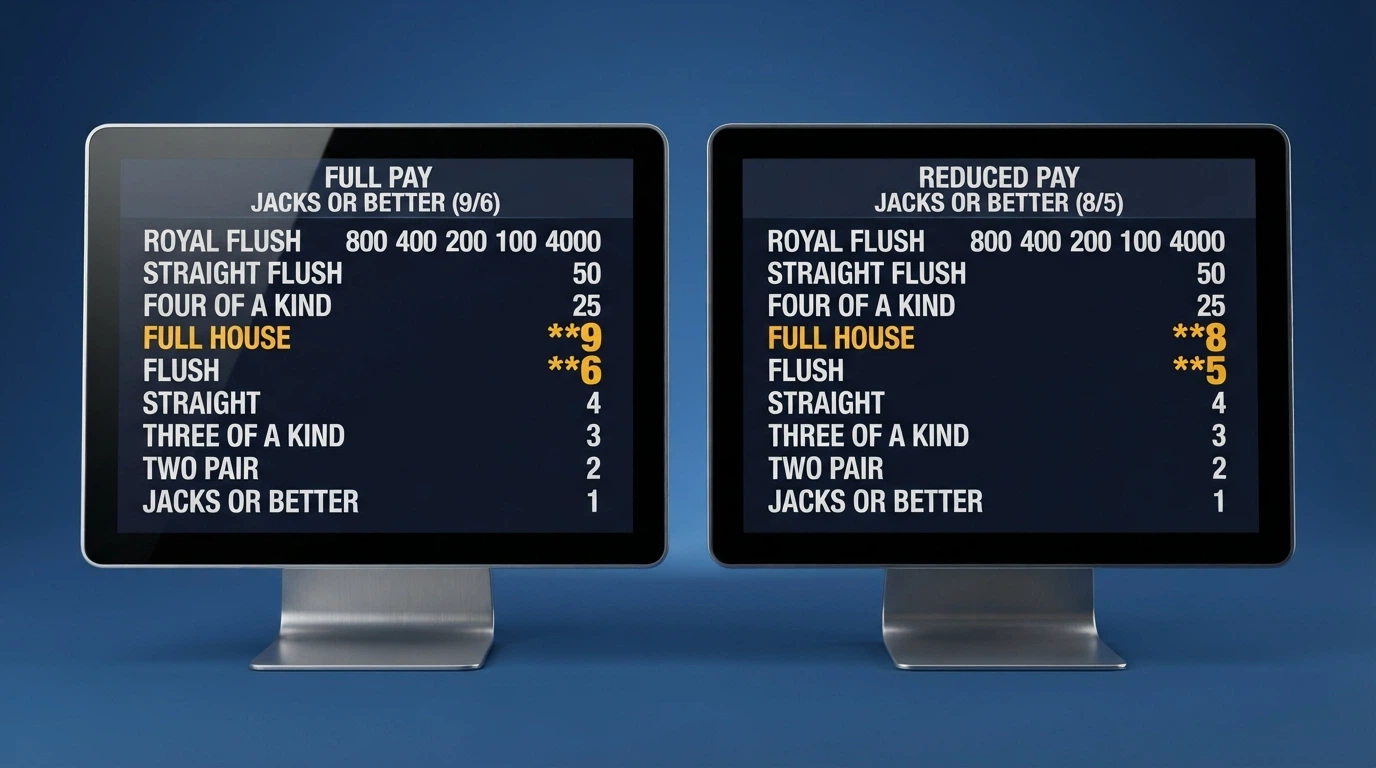 Confronto visivo tra la schermata dei pagamenti di un Jacks or Better 9/6 (full pay) e una versione 8/5, con le differenze di payout evidenziate