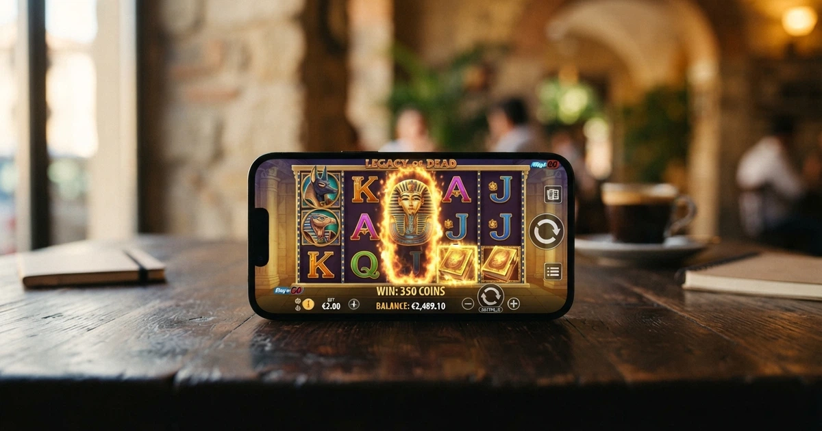 L'interfaccia di una slot Play'n GO su smartphone con la scritta Play'n GO in evidenza e una grafica colorata in stile Book of Dead