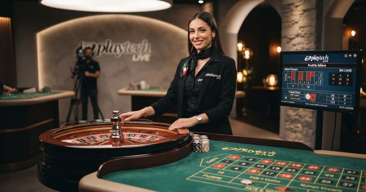 Un tavolo da roulette live con croupier in uniforme, interfaccia di gioco su schermo e loghi Playtech visibili sullo sfondo di uno studio professionale