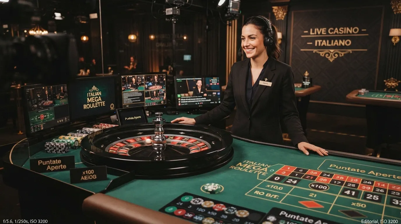 Un croupier di lingua italiana al tavolo della Mega Roulette nello studio dedicato Pragmatic Play, con l'interfaccia di gioco visibile