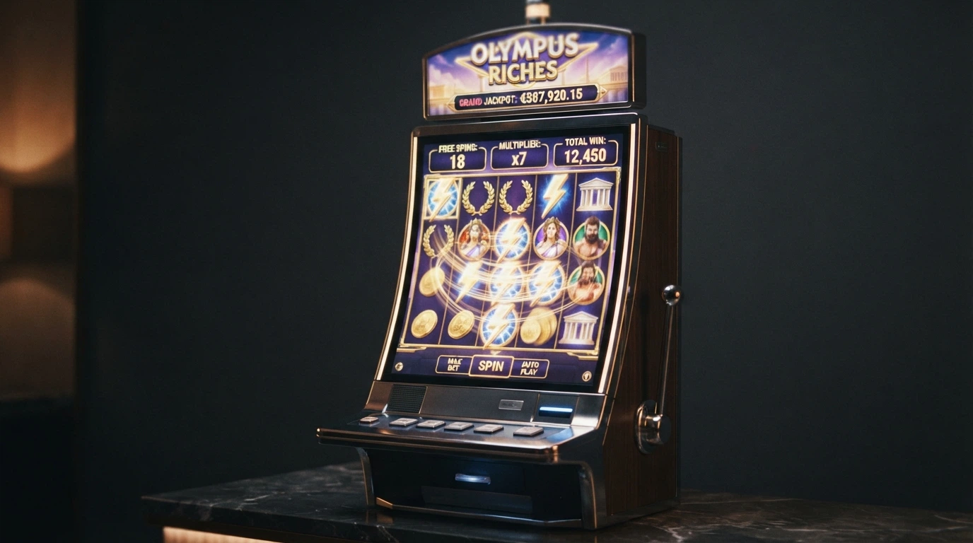 La schermata di gioco di Gates of Olympus con i rulli in movimento, i simboli a tema greco e il contatore dei giri gratis attivo