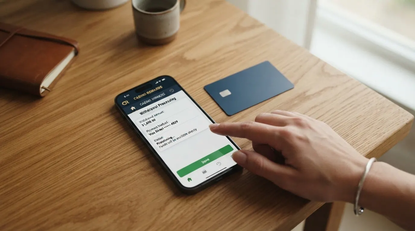 Una carta Visa appoggiata sullo schermo di uno smartphone che mostra la schermata di prelievo di un casinò online, con la scritta «in elaborazione»