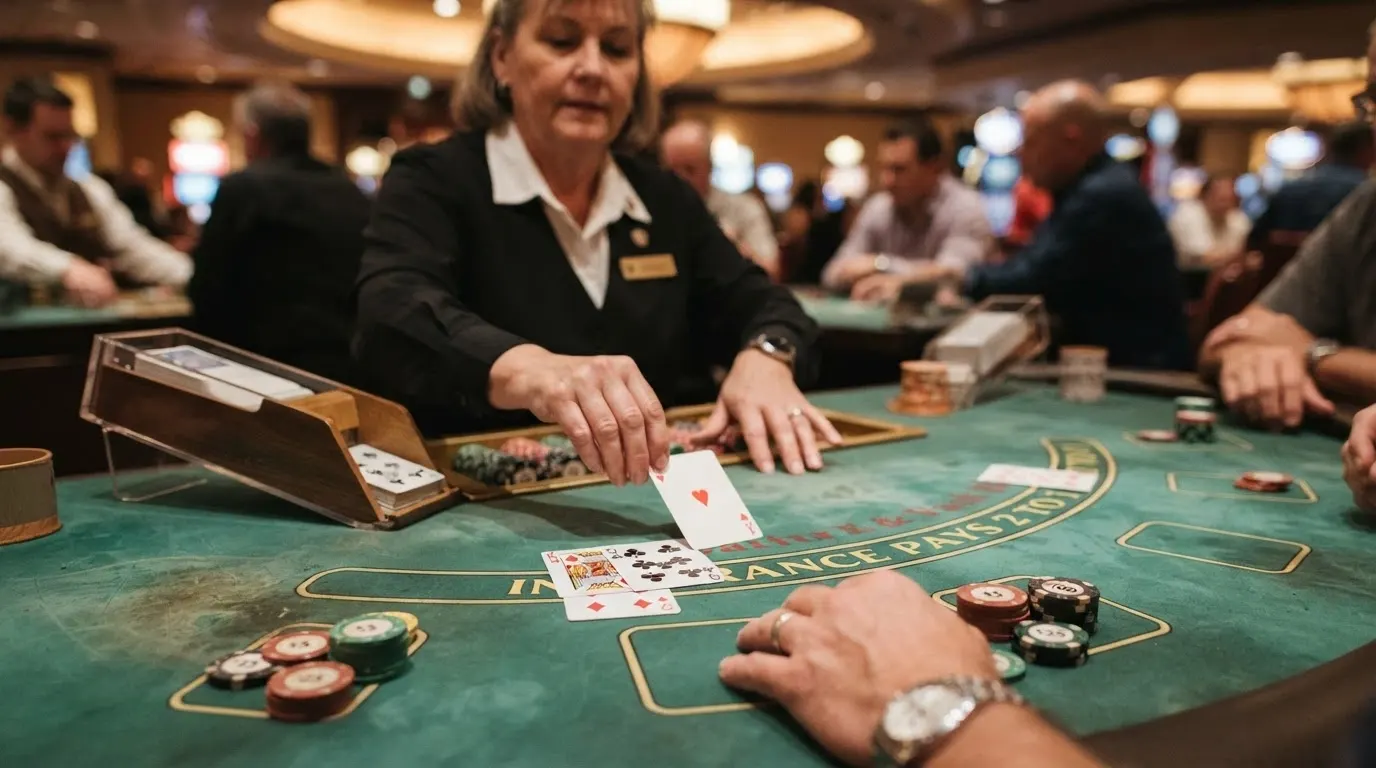 Primo piano di un croupier che distribuisce le carte su un tavolo da live blackjack con il shoe delle carte in vista, le chip impilate e il monitor di gioco che mostra l'interfaccia di puntata.