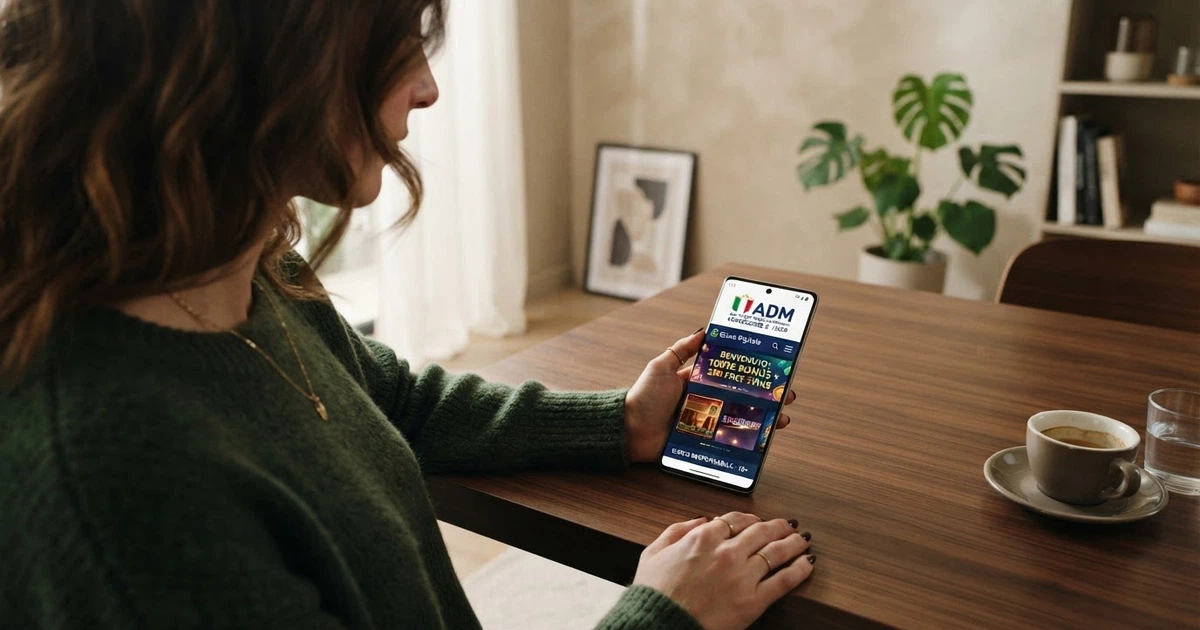 Un primo piano di uno schermo che mostra la homepage di un casinò online con licenza ADM, con un riquadro promozionale in evidenza e il logo ADM visibile