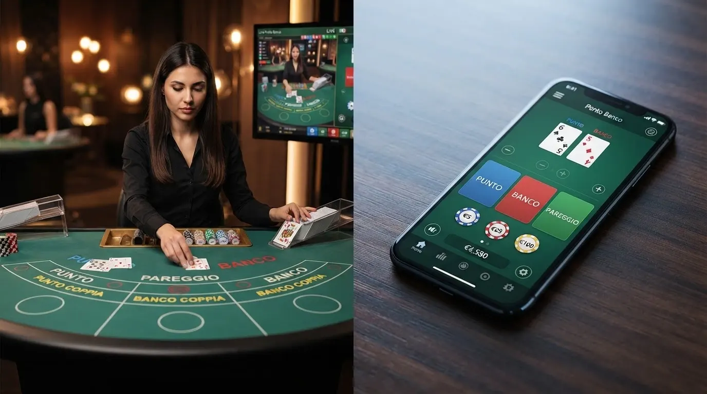 Schermata divisa in due metà: a sinistra un tavolo live con croupier in streaming HD, a destra l'interfaccia pulita del Punto Banco RNG con pulsanti Punto, Banco e Tie