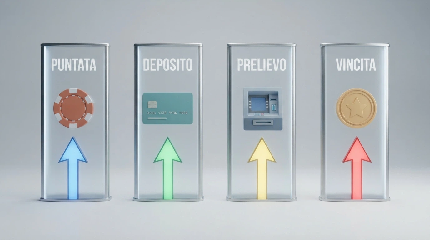 Un'illustrazione che mostra quattro colonne affiancate — puntata, deposito, prelievo e vincita — ciascuna con un'icona diversa e una freccia che indica la direzione della scelta del giocatore