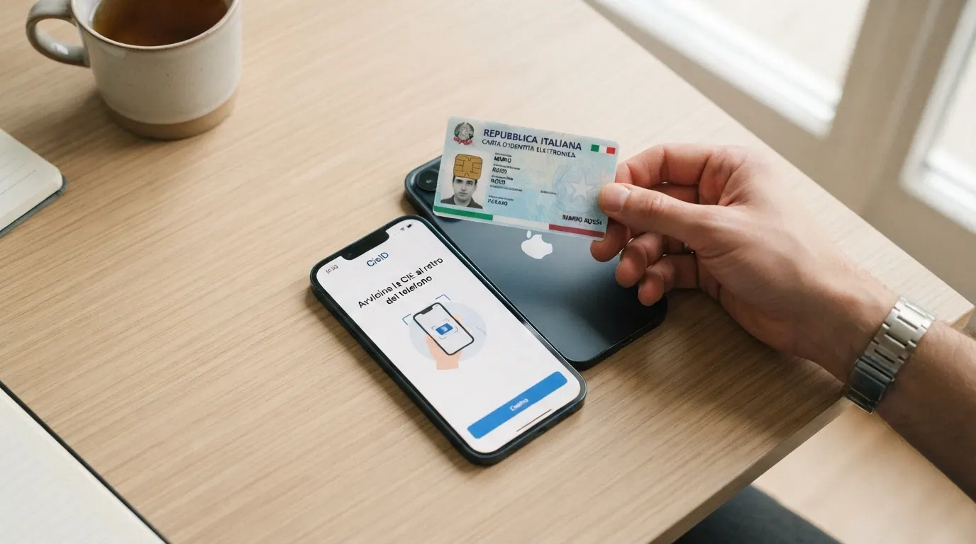 Uno smartphone con l'app CieID in fase di lettura della Carta d'Identità Elettronica tramite NFC, con la carta fisica appoggiata sul retro del telefono.