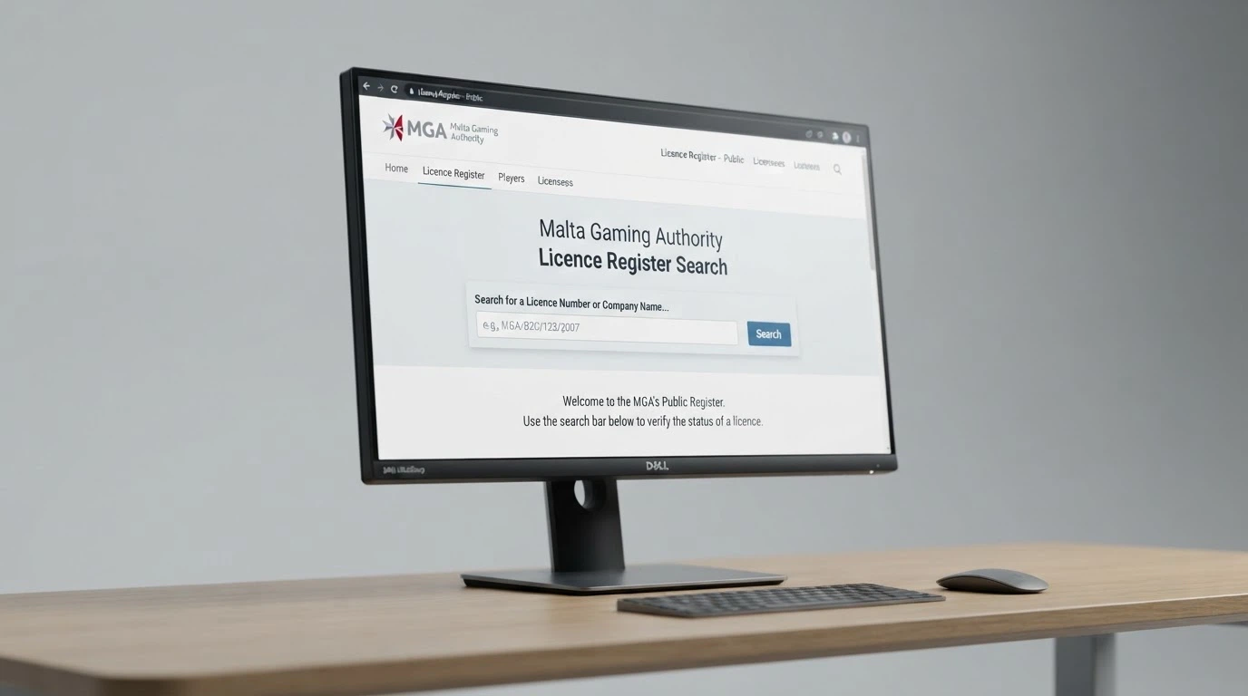 Una schermata del registro pubblico delle licenze MGA sul sito ufficiale della Malta Gaming Authority, con il campo di ricerca visibile e il logo istituzionale MGA in alto a sinistra