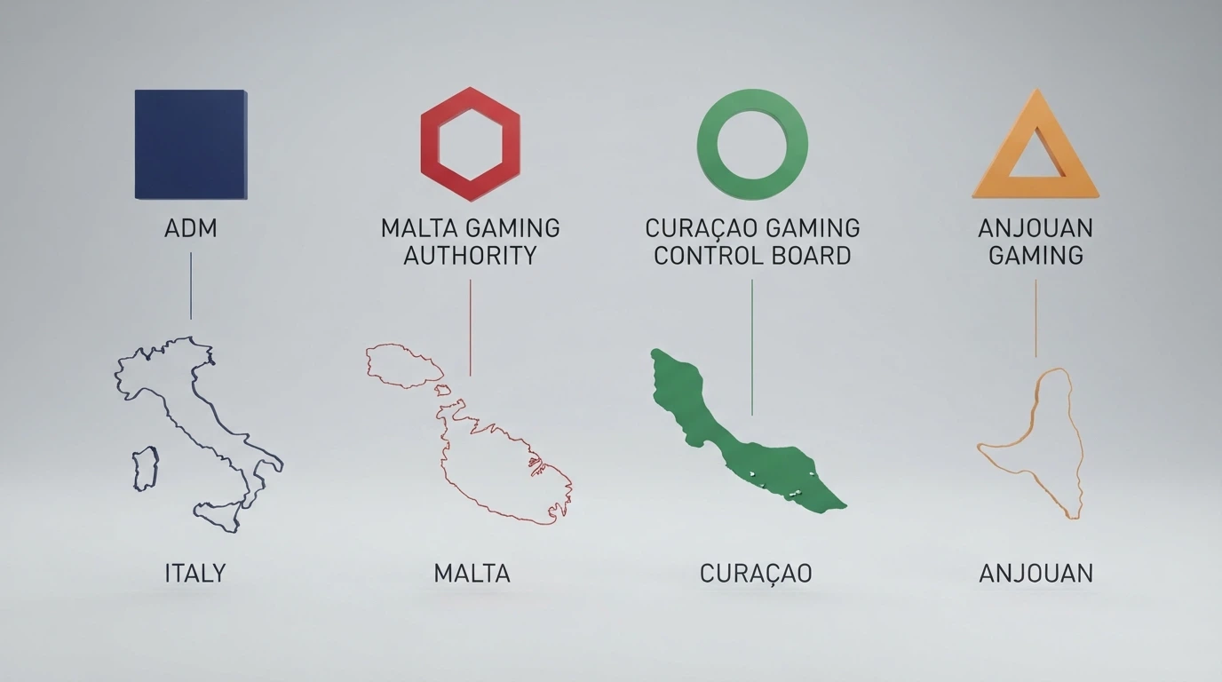 I loghi di ADM, Malta Gaming Authority, Curaçao Gaming Control Board e Anjouan Gaming disposti su una mappa che collega ciascun regolatore alla propria giurisdizione