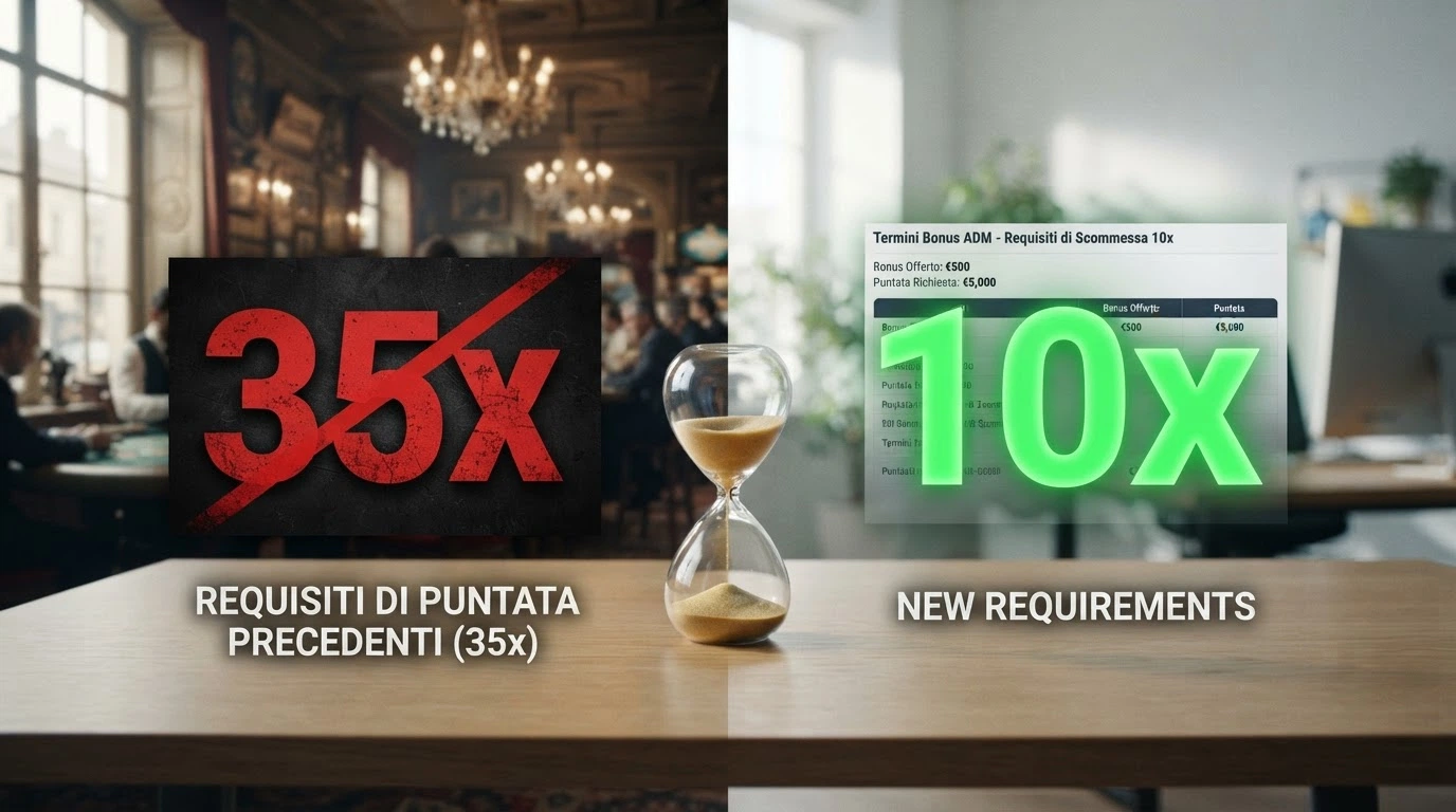 Un confronto visivo tra un indicatore «35x» barrato in rosso e un «10x» evidenziato in verde, con una clessidra sullo sfondo