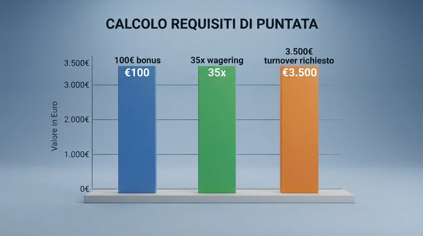 Schema che illustra il calcolo del requisito di puntata su un bonus casinò da 100€ con wagering 35x e la progressione delle giocate necessarie