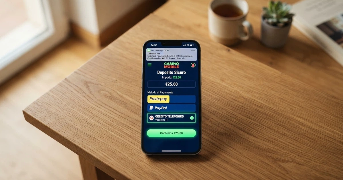 Uno smartphone che mostra la schermata di deposito di un casinò online con l'opzione «credito telefonico» selezionata, un SMS di conferma in arrivo e il saldo del conto di gioco in aggiornamento
