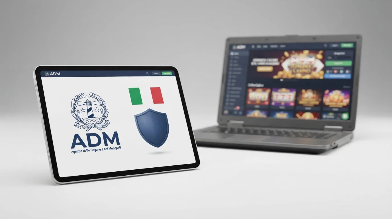 Il logo ADM accanto alla bandiera italiana e a un lucchetto, in contrasto con un sito offshore anonimo e privo di riferimenti legali