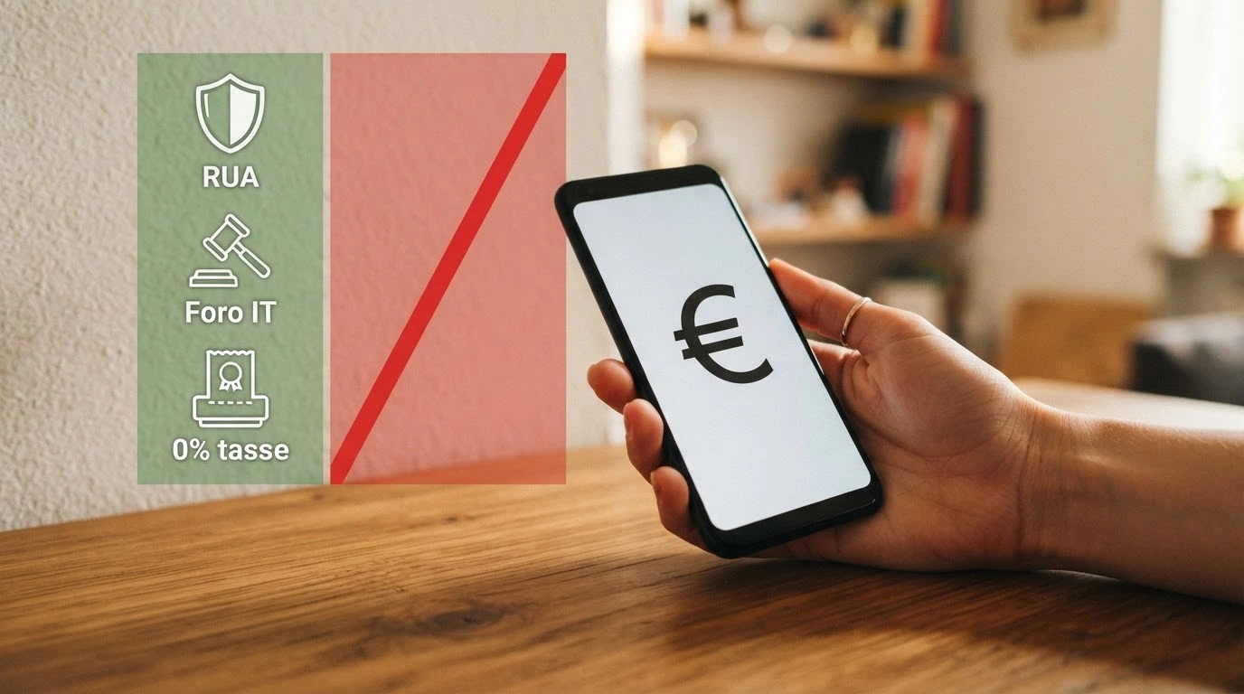 Schema visivo a due colonne: a sinistra le tutele del sistema ADM (RUA, tassazione zero, foro legale), a destra la colonna vuota o barrata dei non ADM