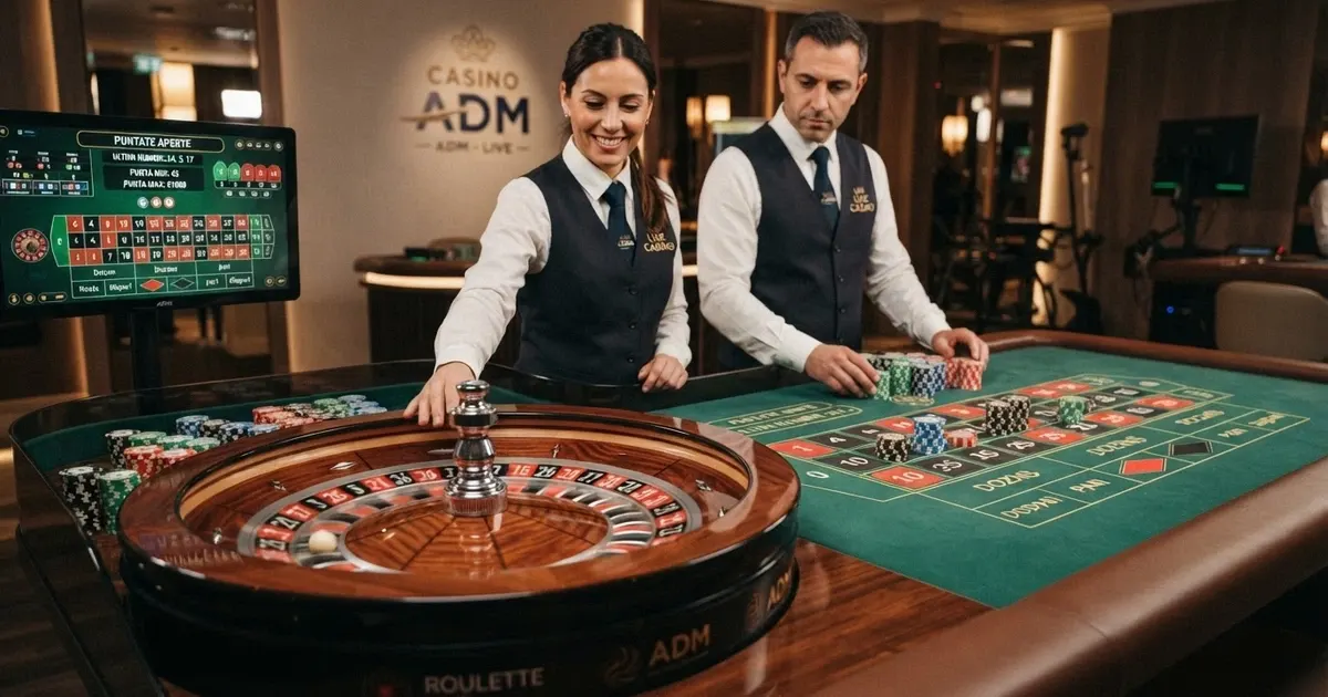Un croupier in divisa sorridente dietro un tavolo da roulette dal vivo in uno studio professionale, con la ruota in primo piano, le fiches sul panno verde e l'interfaccia di puntata visibile su un monitor laterale.