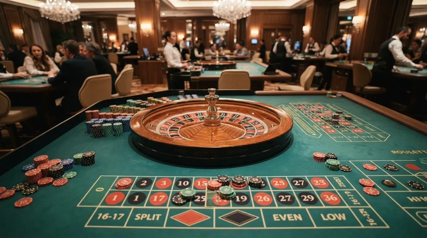 Un tavolo da roulette europea con il panno verde, la ruota in primo piano e fiches piazzate su diverse combinazioni di puntate esterne e interne