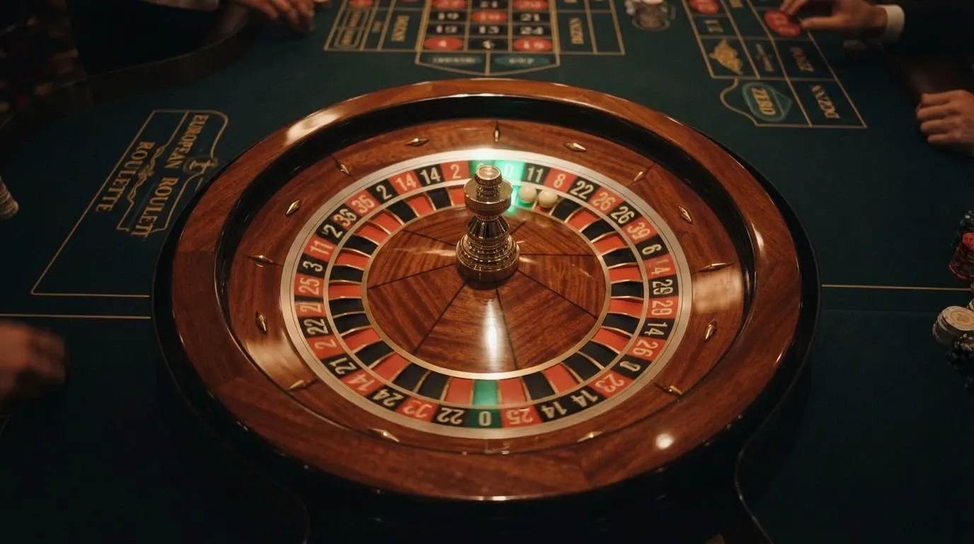 Primo piano di una ruota della roulette europea con il singolo zero verde in evidenza al centro dell'inquadratura