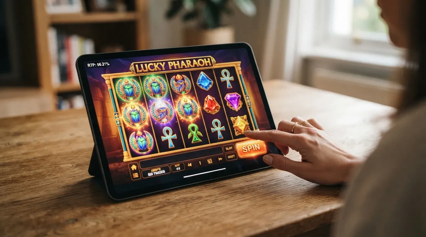 Griglia di una slot machine online con simboli colorati, il valore RTP evidenziato nell'interfaccia e una barra laterale con i dati di volatilità e vincita massima