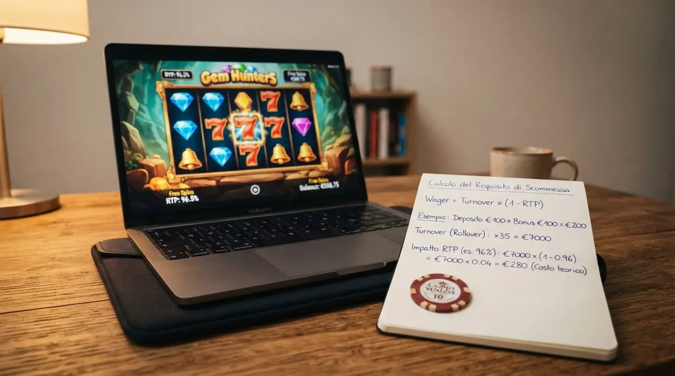 Schermata di una slot online con rulli, simboli e interfaccia di gioco, affiancata da un riquadro che mostra la percentuale RTP