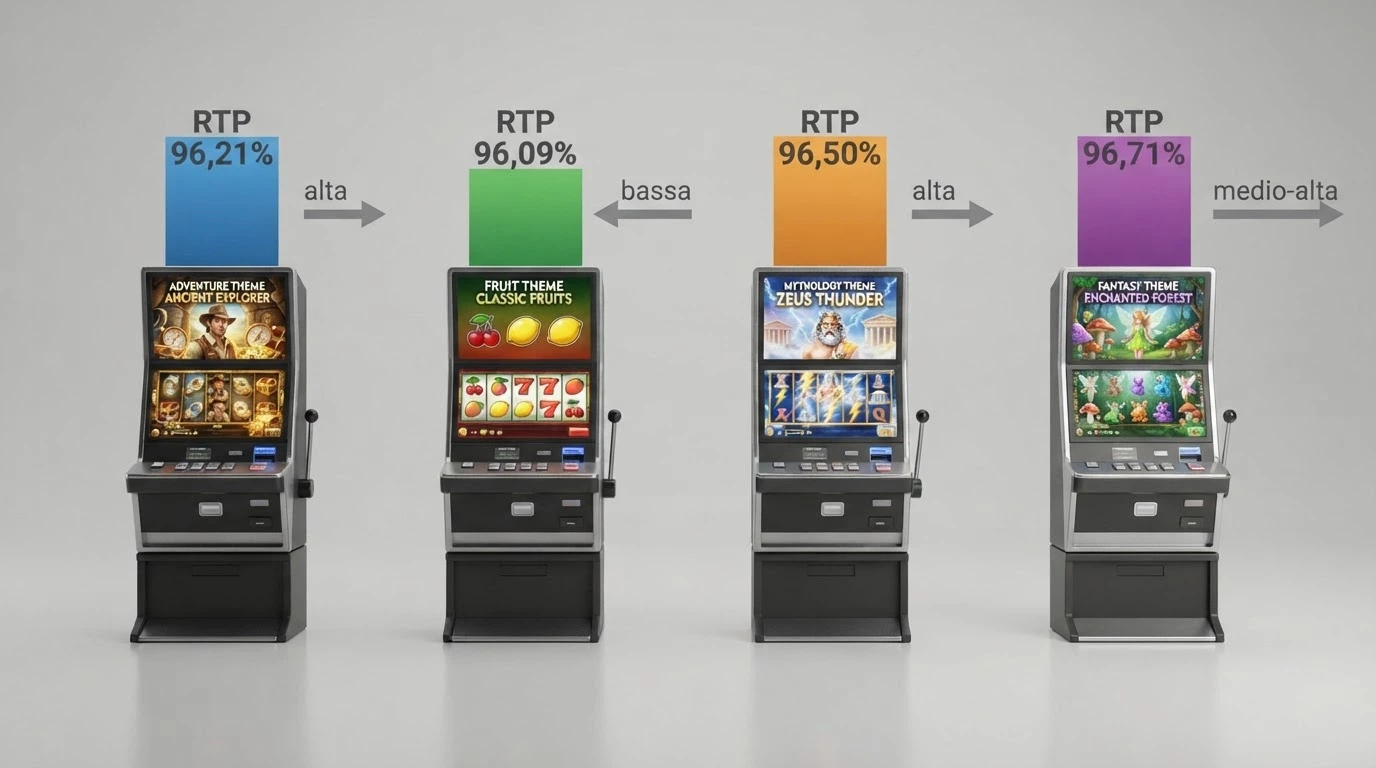 Un grafico a barre che confronta quattro slot machine affiancate — Book of Dead, Starburst, Gates of Olympus e Big Bass Bonanza — con le rispettive percentuali RTP e una freccia che indica la volatilità