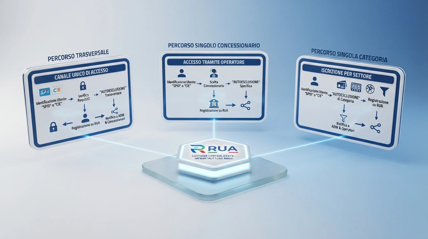 Un'illustrazione del funzionamento del Registro Unico degli Autoesclusi: tre percorsi (trasversale, singolo concessionario, singola categoria) collegati all'infrastruttura Sogei, accessibili tramite SPID e CIE
