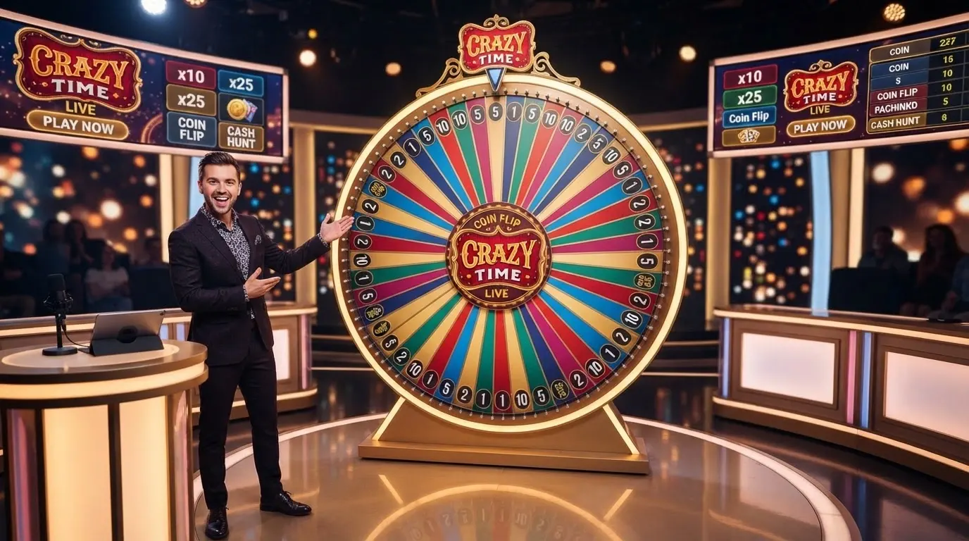 La ruota di Crazy Time in uno studio televisivo con conduttore in piedi, segmenti colorati e schermi LED sullo sfondo