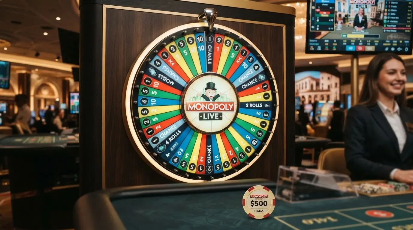 La ruota di Monopoly Live in primo piano con i 54 segmenti colorati visibili — i settori numerati 1, 2, 5, 10 e i segmenti speciali Chance, 2 Rolls e 4 Rolls — durante un giro in diretta dallo studio Evolution.