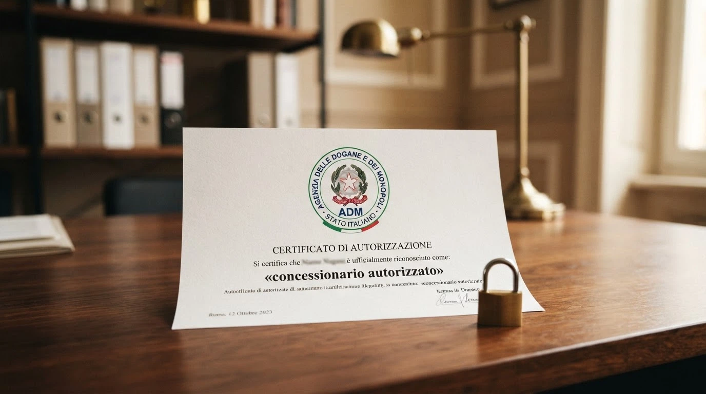 Il logo dell'Agenzia delle Dogane e dei Monopoli accanto alla dicitura «concessionario autorizzato» e al simbolo di un lucchetto su sfondo verde