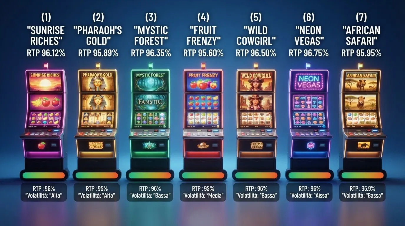Una griglia comparativa stilizzata con i nomi e i valori RTP delle sette slot machine analizzate nella guida, affiancate da barre colorate che rappresentano la percentuale di rendimento